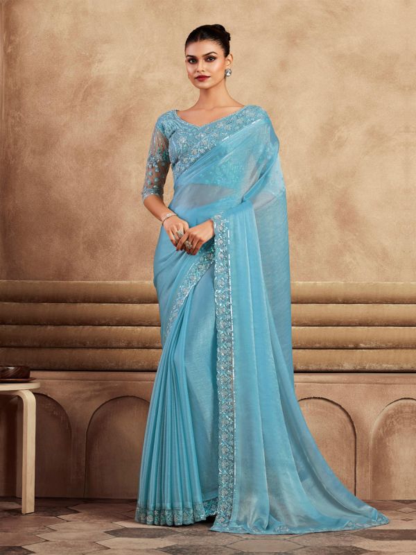 Sky Blue Stone Augmented Saree In Chiffon Silk