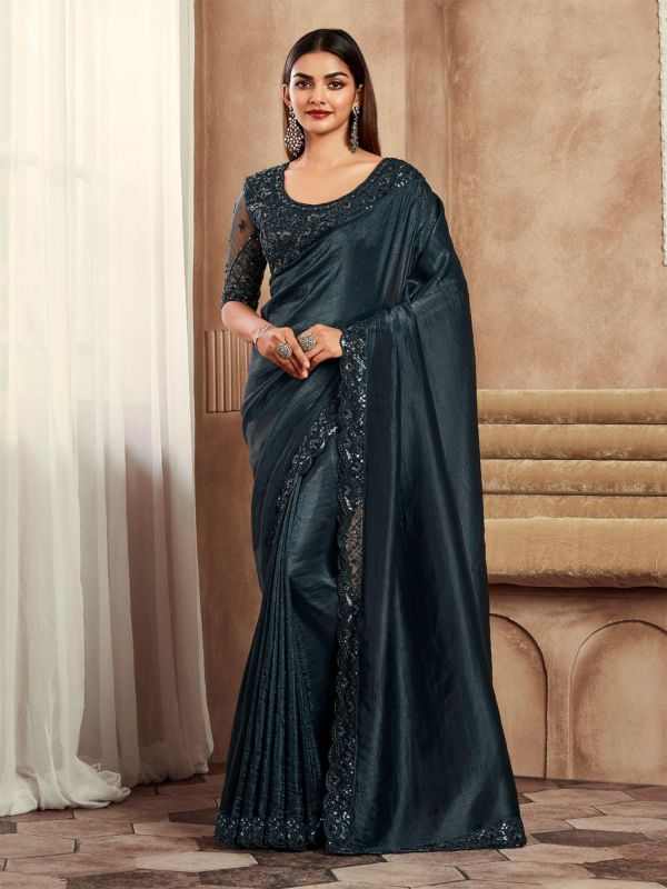 Black Party Wear Stone Bordered Saree In Soft Silk