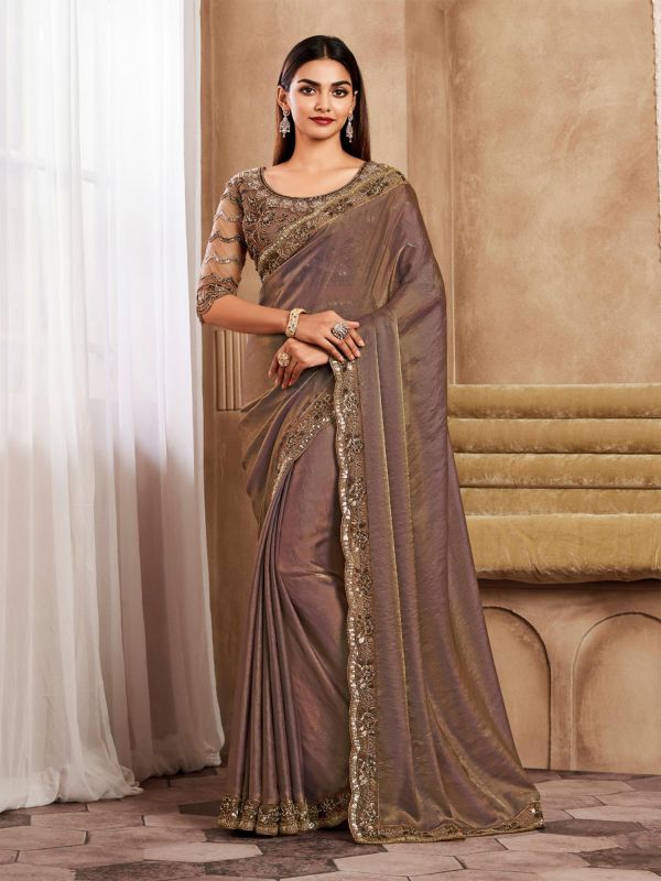 Golden Brown Shimmer Silk Saree In Sequins Work