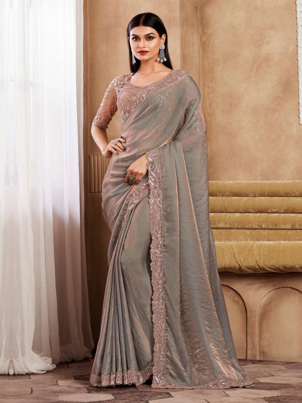 Metallic Golden Party Wear Saree With Fancy Lace