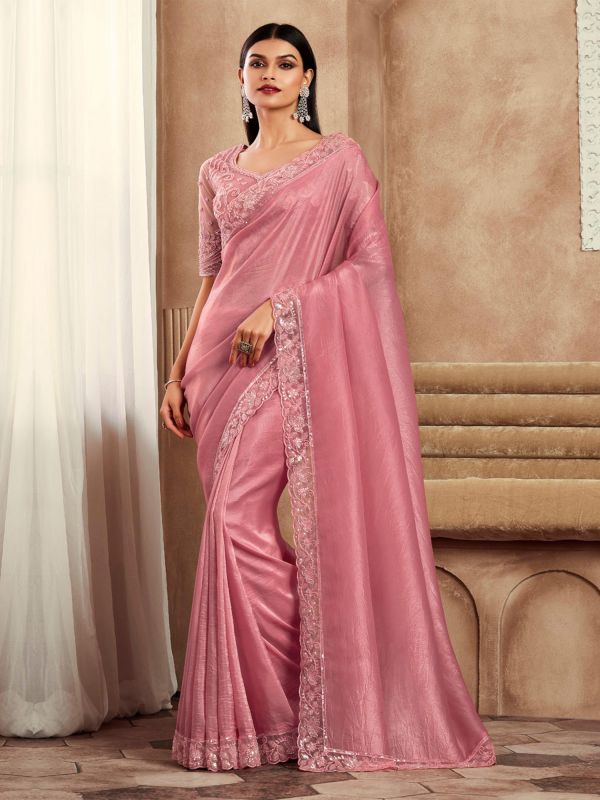 Baby Pink Bridesmaid Silk Saree With Sequins Border