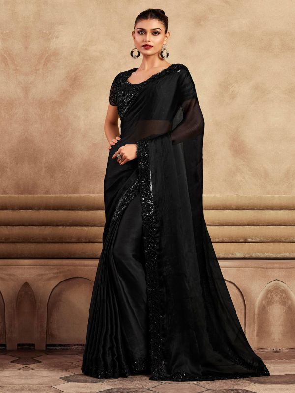 Black Chiffon Silk Saree In Sequins Embellishment