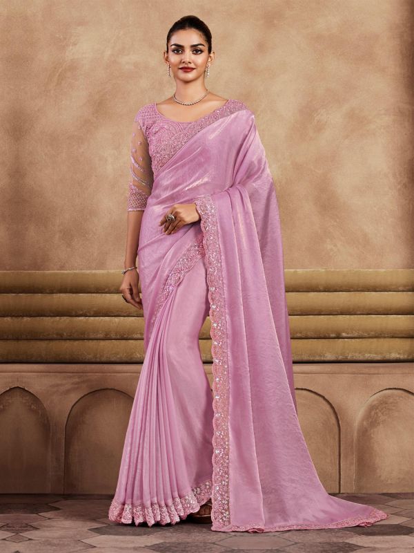 Pink Shimmer Silk Bridesmaid Saree With Blouse