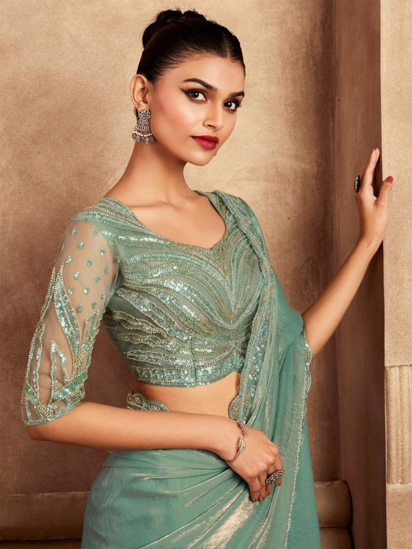 Sage Green Party Saree With Fancy Lace In Shimmer Silk