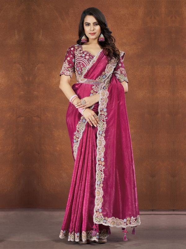 Dark Pink Bridal Saree In Silk With Embroidered Blouse