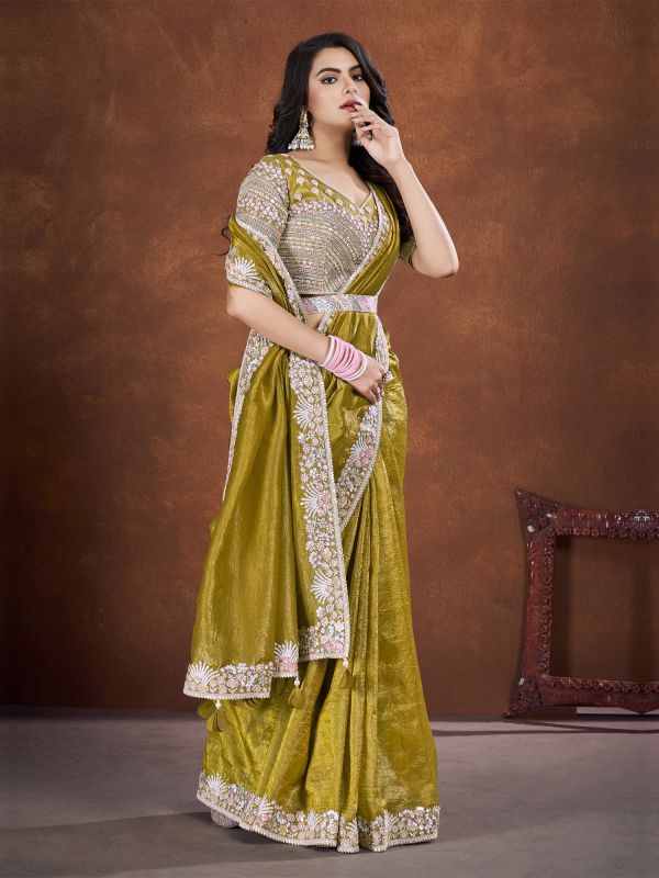 Citrine Yellow Sequin Embroidered Saree In Silk