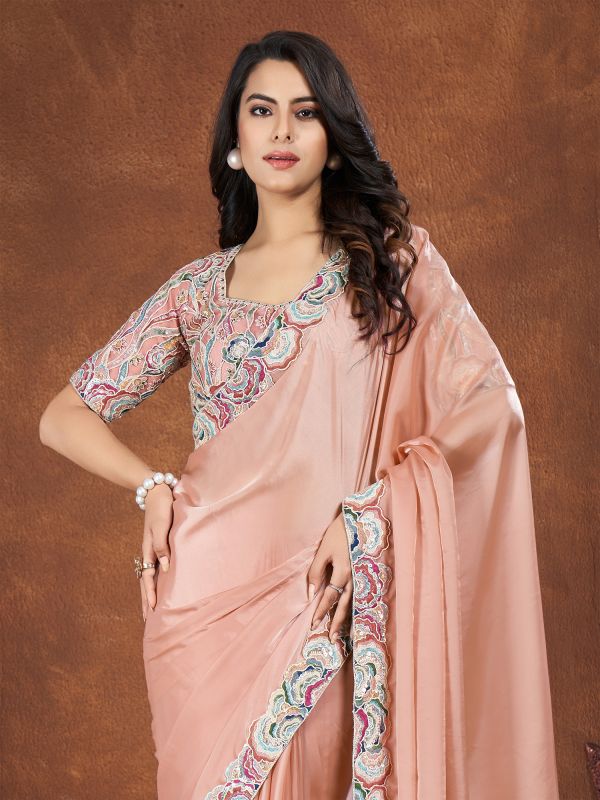 Coral Peach Satin Silk Saree With Sequined Lace