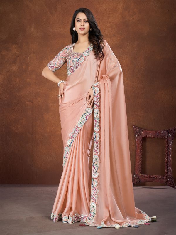 Coral Peach Satin Silk Saree With Sequined Lace
