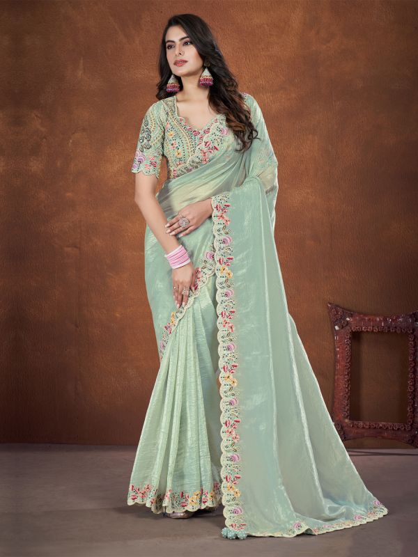 Mint Green Floral Embroidered Party Wear Saree In Silk
