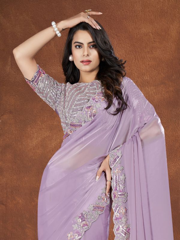 Lilac Moti Work Embellished Silk Saree In Satin Silk