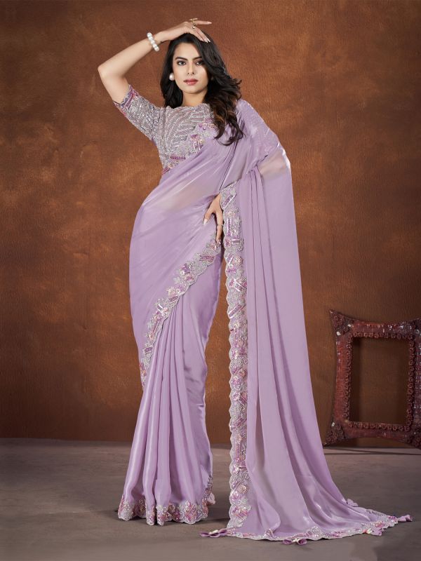 Lilac Moti Work Embellished Silk Saree In Satin Silk