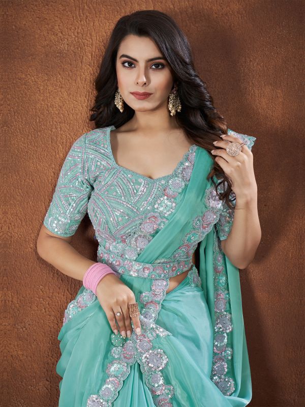 Sea Green Satin Silk Saree In Thread Embroidered Lace