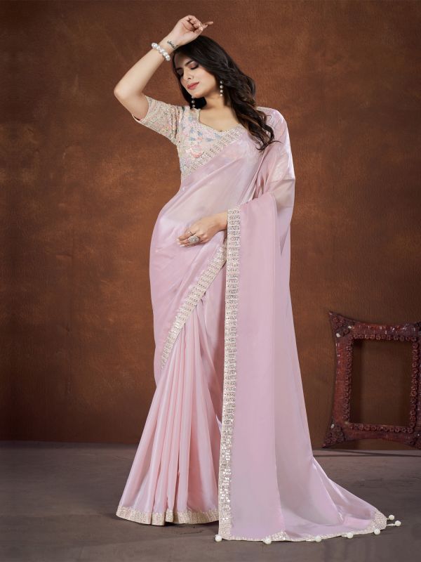 Pink Bridesmaid Satin Silk Saree With Embroiderd Blouse