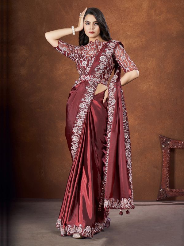 Deep Maroon Satin Silk Saree With Floral Lace