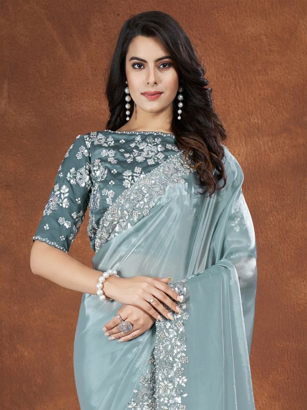 Stone Blue Stone Augmented Saree In Satin Silk