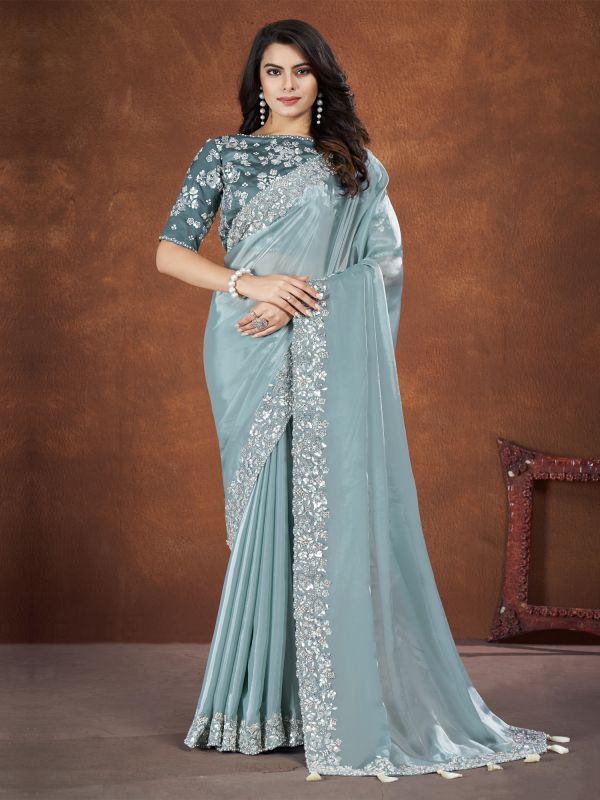 Stone Blue Stone Augmented Saree In Satin Silk