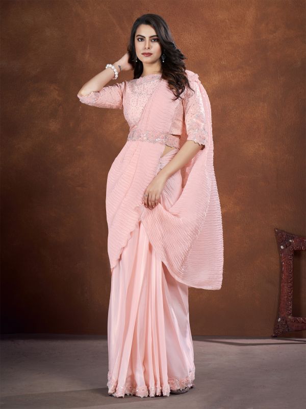 Baby Pink Bridesmaid Saree In Satin Silk With Pleated Pallu
