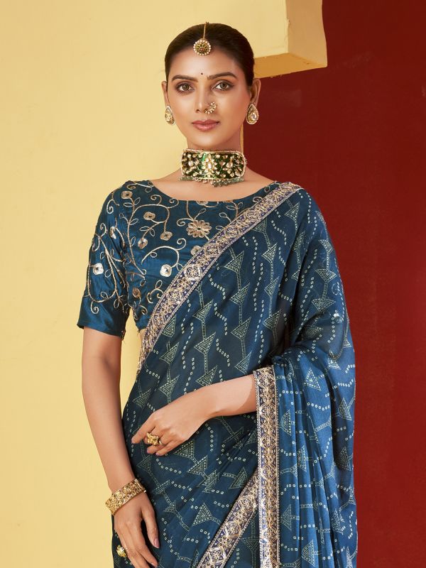 Navy Blue Chiffon Silk Saree In Traditional Print
