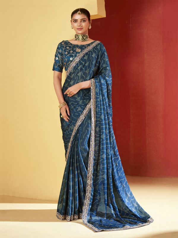 Navy Blue Chiffon Silk Saree In Traditional Print