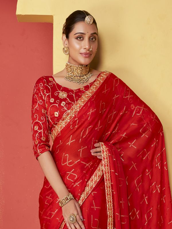 Bright Red Zari Embellished Saree In Chiffon Silk