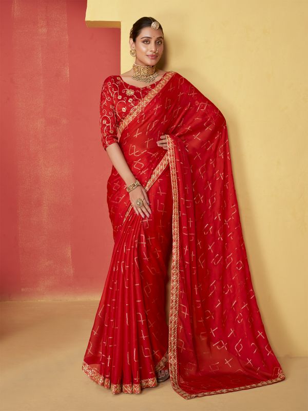 Bright Red Zari Embellished Saree In Chiffon Silk