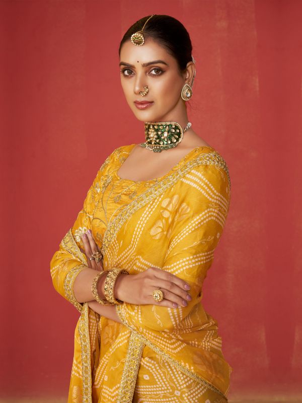 Yellow Traditional Printed Chiffon Silk Saree With Blouse