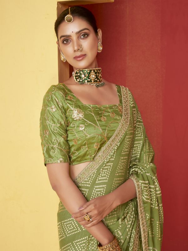 Olive Green Chiffon Silk Saree In Traditional Print