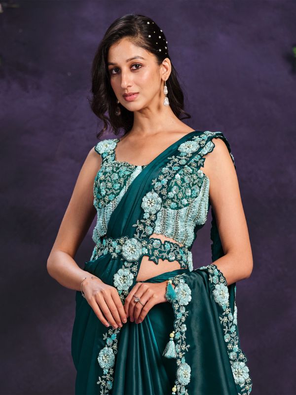 Teal Green Heavy Embroidered Readymade Crape Silk Saree