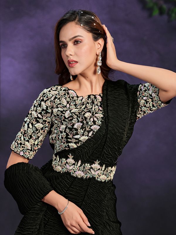Black Crepe Satin Silk Embroidered Saree With Crushed Pallu