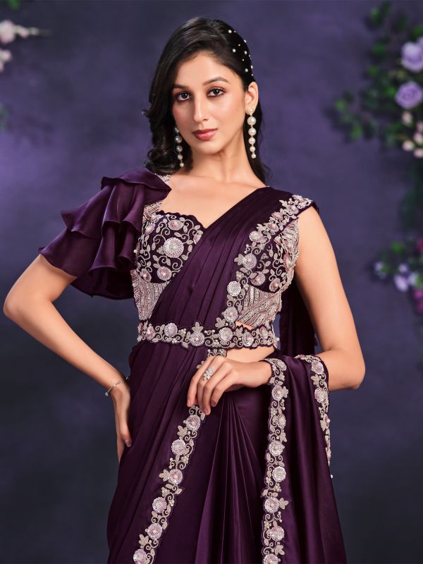 Wine Readymade Party Wear Embroidered Saree In Crepe Satin Silk