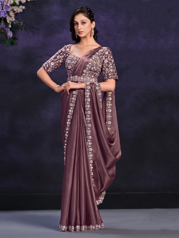 Mauve Purple Satin Silk Readymade Saree With Embroidered Blouse