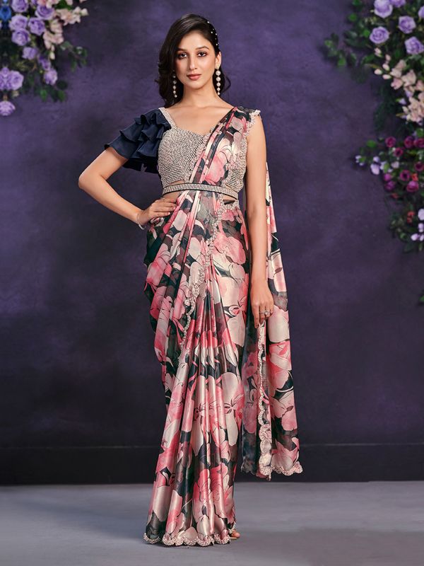 Pink Floral Printed Satin Silk Party Wear Saree With Stone Border