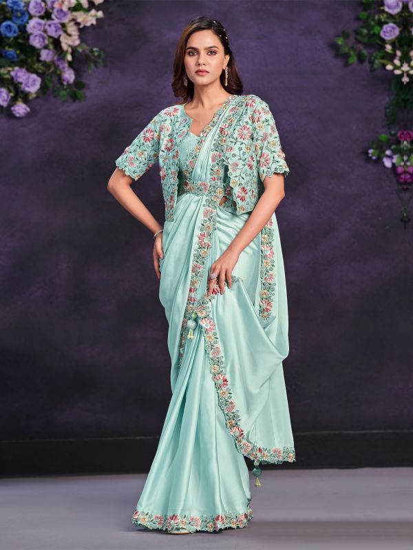 Sea Green Floral Bordered Satin Silk Saree With Blouse And Jacket