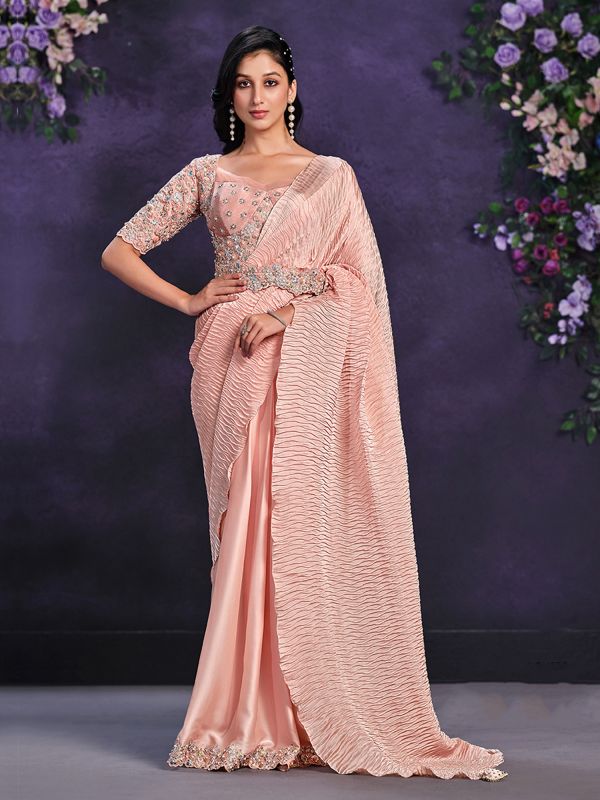 Pastel Peach Satin Silk Party Saree In Stone Work With Crushed Pallu