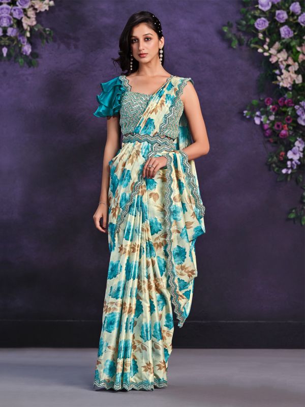 Beige And Blue Satin Readymade Party Silk In Floral Print