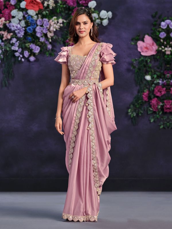 Rose Pink Bridesmaid Satin Silk Saree With Embroidered Blouse