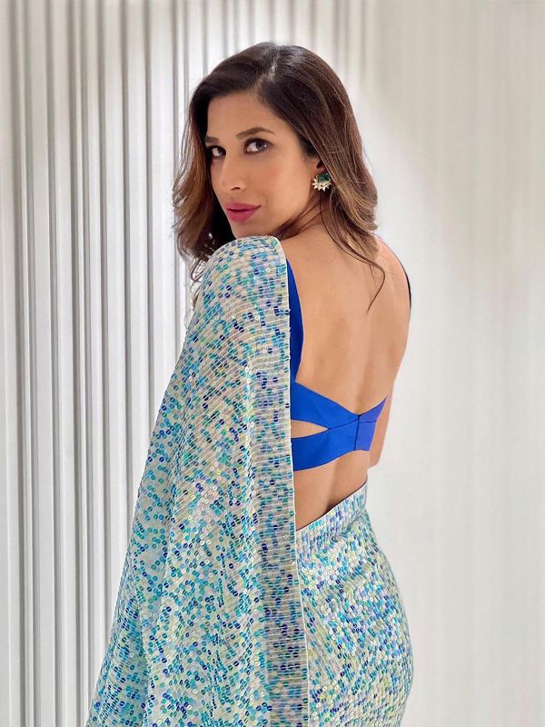 Blue Party Wear Saree In Georgette With Sequin Embroidery