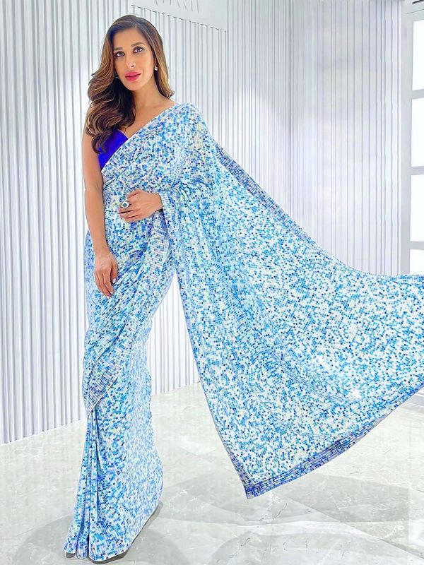 Blue Party Wear Saree In Georgette With Sequin Embroidery