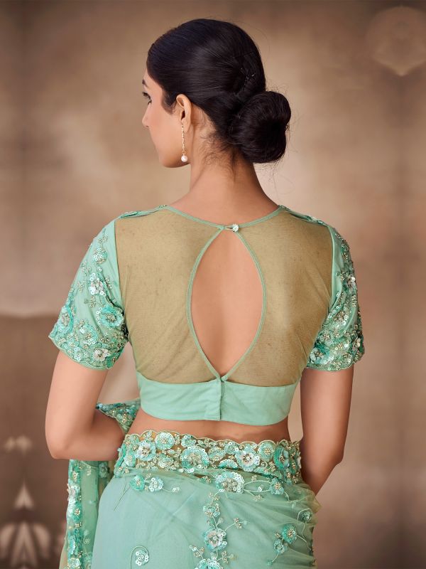 Mint Green Festive Saree With Blouse In Net