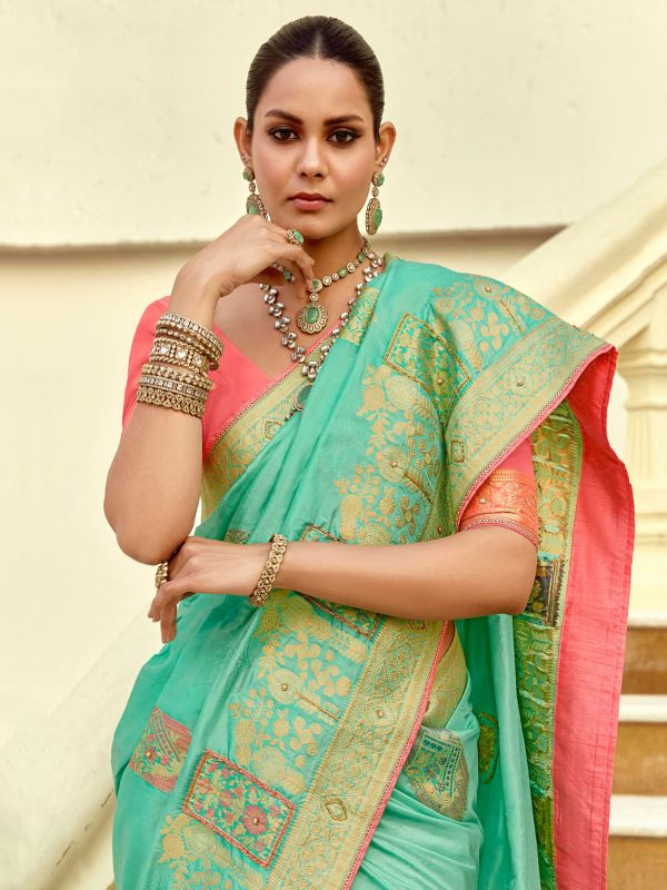 Turquoise Zari Weaving Festive Saree In Dola Silk