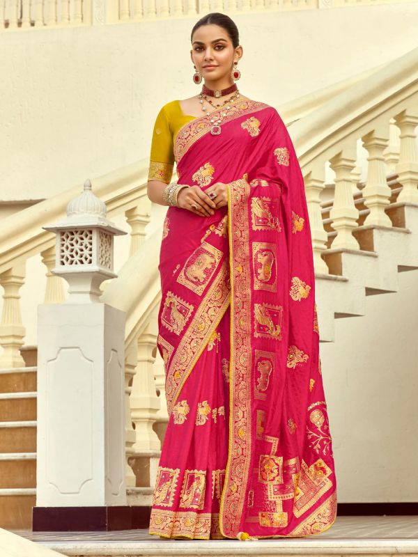 Red Bridal Traditional Saree In Zari Woven Pattern
