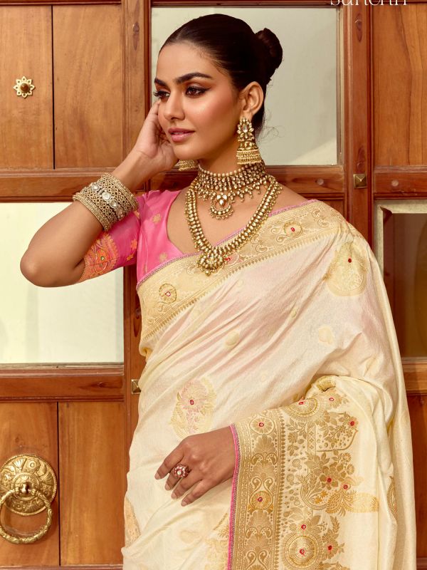 Off White Mirror Embellished Traditional Saree