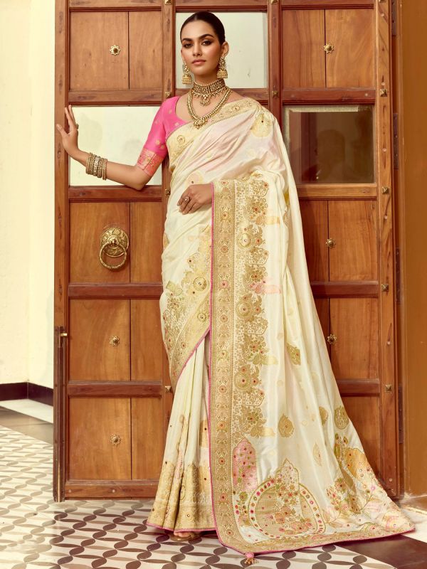 Off White Mirror Embellished Traditional Saree
