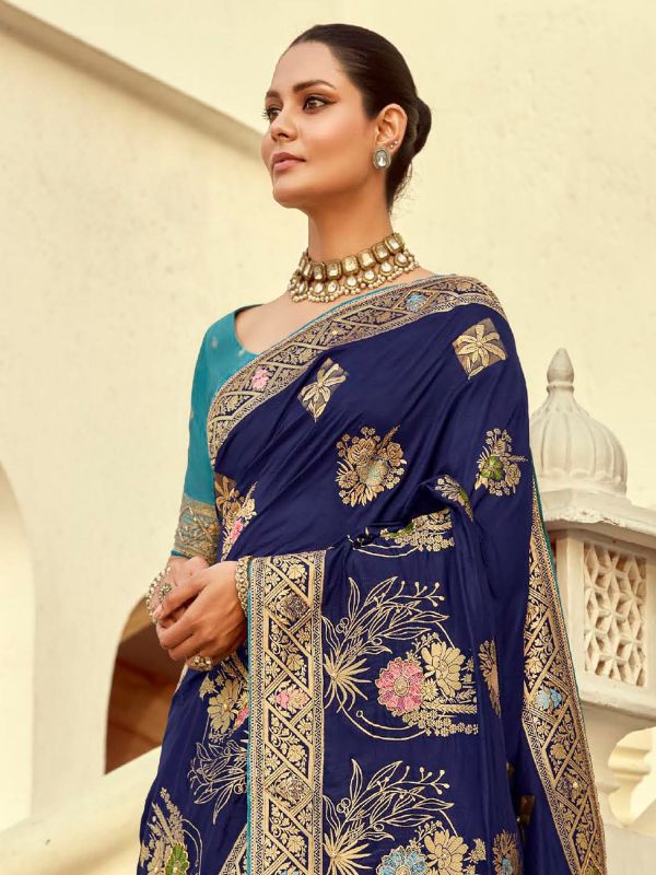 Blue Dola Silk Saree In Heavy Zari Weaving Borders