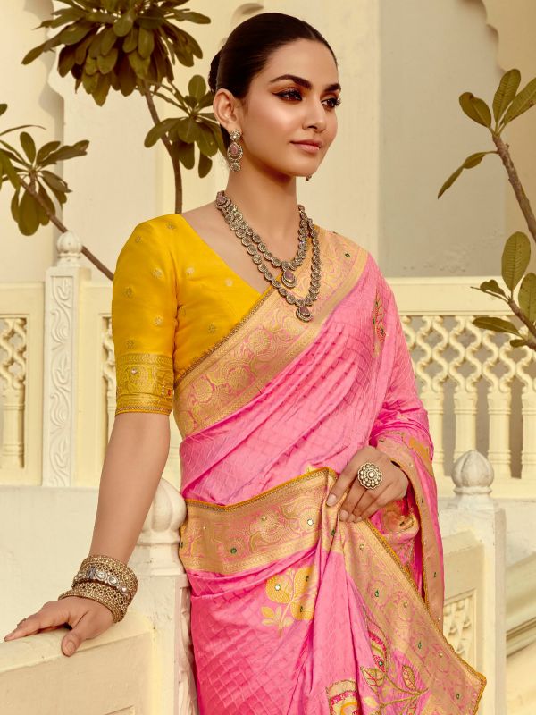 Flamingo Pink Zari Work Saree In Silk With Blouse