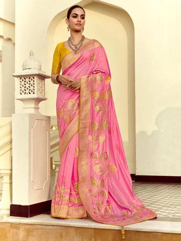 Flamingo Pink Zari Work Saree In Silk With Blouse