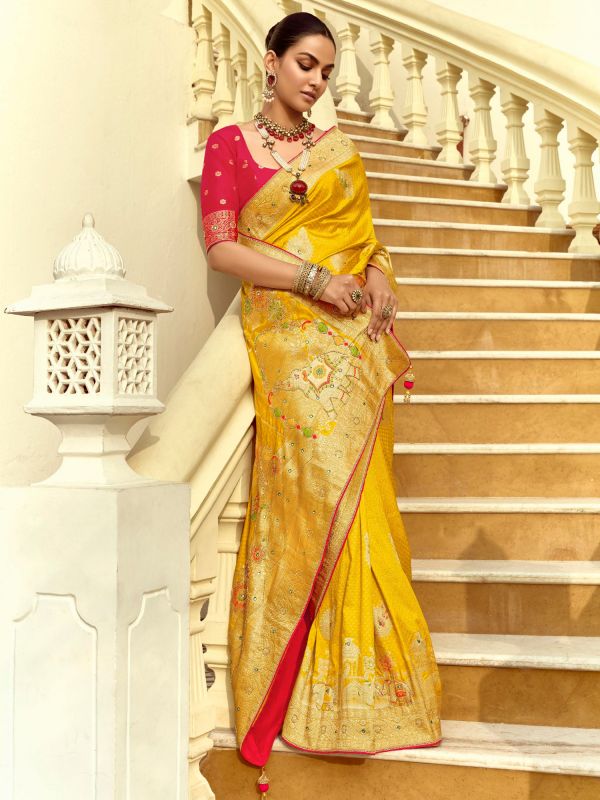 Honey Yellow Traditional Bridal Saree In Mirror Work