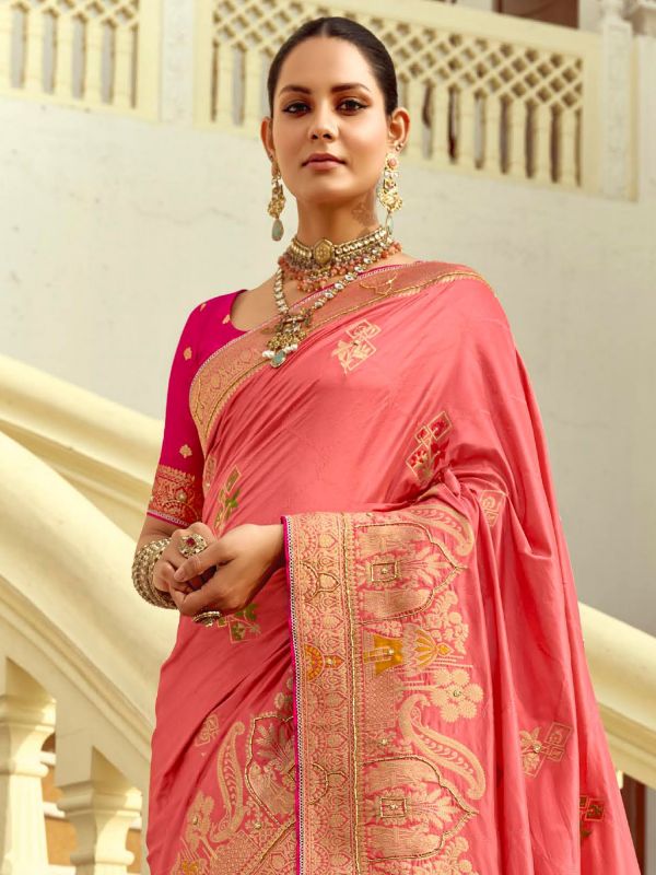 Pink Embroidered Traditional Saree With Heavy Pallu