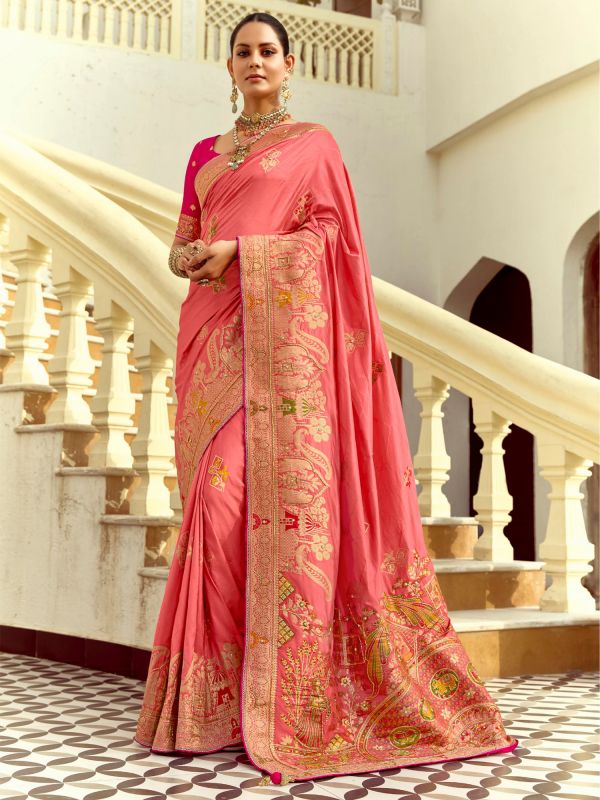 Pink Embroidered Traditional Saree With Heavy Pallu