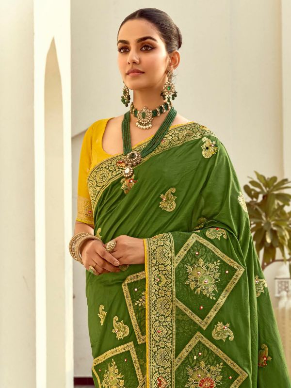 Green Mirror Work Wedding Saree With Blouse